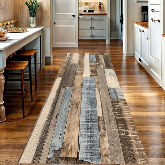 Rustic Wood Plank Runner Rug: Farmhouse Kitchen Hallway Carpet, Non-Slip Machine-Washable