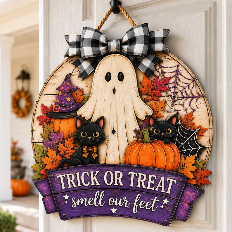 Halloween Wood Sign, Trick Or Treat Smell Our Feet, Ghost Cat Pumpkin Porch Decor, Spooky Fall Door Hanger, Custom Halloween Gift