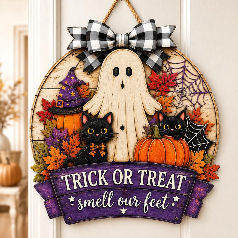 Halloween Wood Sign, Trick Or Treat Smell Our Feet, Ghost Cat Pumpkin Porch Decor, Spooky Fall Door Hanger, Custom Halloween Gift