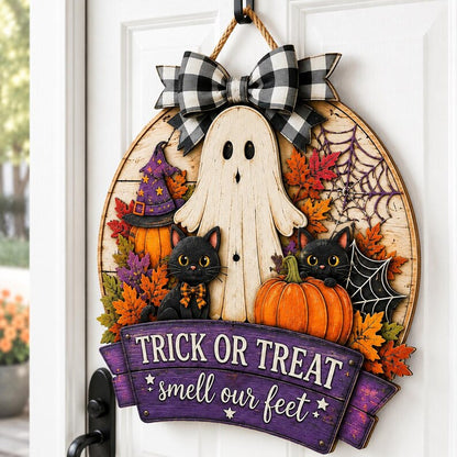 Halloween Wood Sign, Trick Or Treat Smell Our Feet, Ghost Cat Pumpkin Porch Decor, Spooky Fall Door Hanger, Custom Halloween Gift