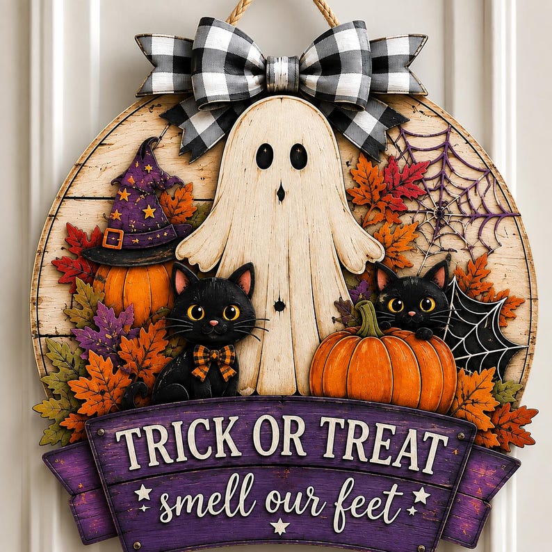 Halloween Wood Sign, Trick Or Treat Smell Our Feet, Ghost Cat Pumpkin Porch Decor, Spooky Fall Door Hanger, Custom Halloween Gift