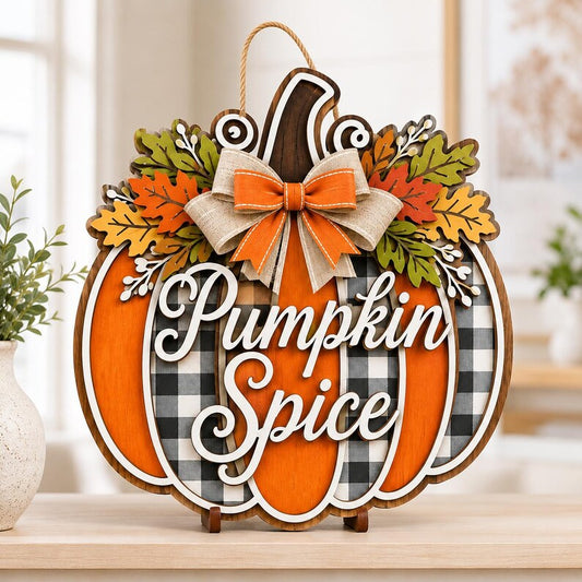 Pumpkin Spice Wood Sign, Buffalo Plaid Fall Door Hanger, Autumn Pumpkin Wreath, Thanksgiving Farmhouse Front Door Decor