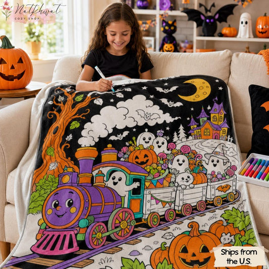 DIY Halloween Coloring Blanket for Kids, Fun Ghost Spider Pumpkin Activity Throw with Markers, Fall Craft Kit, Spooky Party Gift, Kids Decor