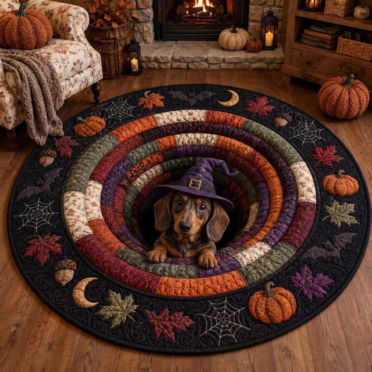3D Dachshund Halloween Round Rug, Cute Witch Dog Optical Illusion Carpet, Spooky Fall Quilted Floor Mat, Wiener Dog Halloween Decor Gift