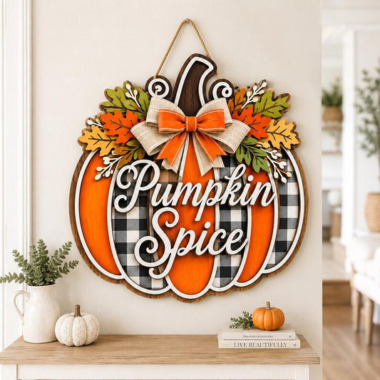 Pumpkin Spice Wood Sign, Buffalo Plaid Fall Door Hanger, Autumn Pumpkin Wreath, Thanksgiving Farmhouse Front Door Decor