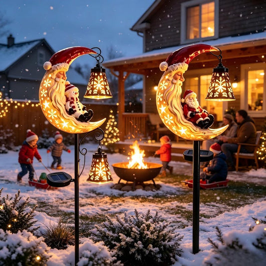 Solar Christmas Garden Stake,Christmas Gardener Gift, Moon Snowman Outdoor Light, Snowflake Lantern Yard Decor
