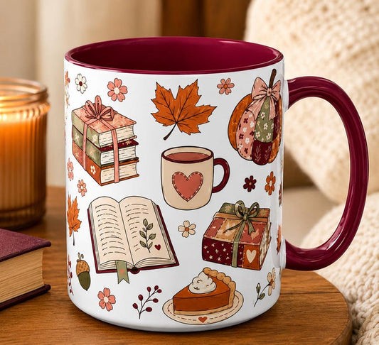 Cozy Fall Book Lover Mug, Autumn Reading Coffee Cup, Pumpkin Spice Mug, Bookish Gift for Her, 11oz 15oz Ceramic Accent Mug
