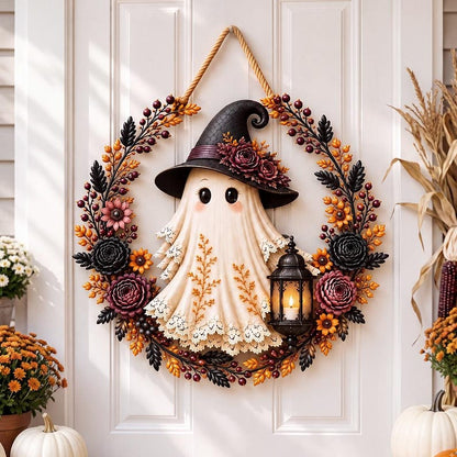Dark Coquette Ghost Halloween Door Hanger, Witch Ghost Wood Sign, Gothic Floral Wreath Decor, Spooky Fall Front Door Sign, Halloween Porch