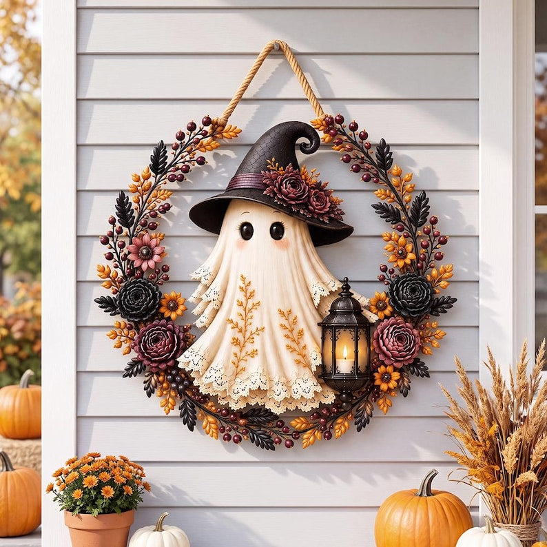 Dark Coquette Ghost Halloween Door Hanger, Witch Ghost Wood Sign, Gothic Floral Wreath Decor, Spooky Fall Front Door Sign, Halloween Porch