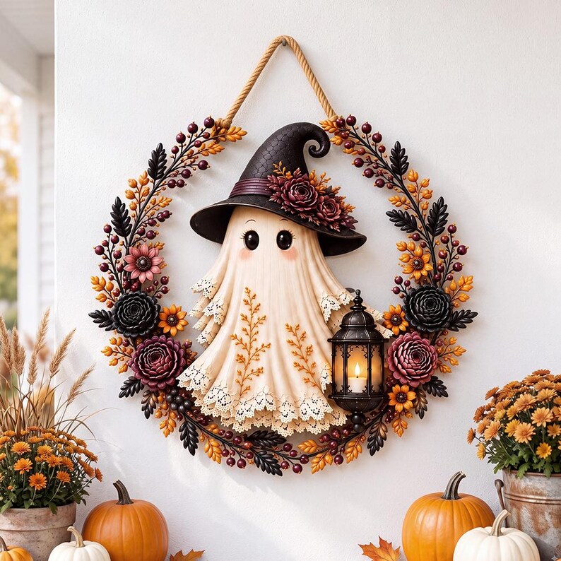 Dark Coquette Ghost Halloween Door Hanger, Witch Ghost Wood Sign, Gothic Floral Wreath Decor, Spooky Fall Front Door Sign, Halloween Porch
