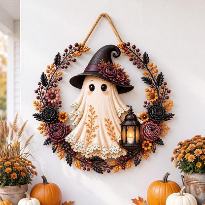 Dark Coquette Ghost Halloween Door Hanger, Witch Ghost Wood Sign, Gothic Floral Wreath Decor, Spooky Fall Front Door Sign, Halloween Porch