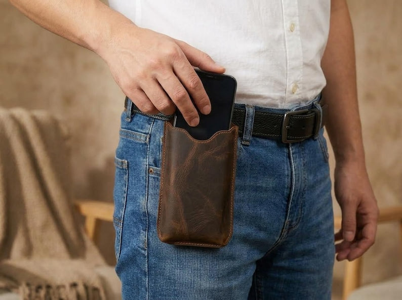 100% Genuine Leather Phone Holster, Buffalo Leather Belt Pouch, Vertical Smartphone Belt Case, Everyday Carry Sleeve, Rugged Phone Holder
