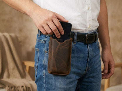 100% Genuine Leather Phone Holster, Buffalo Leather Belt Pouch, Vertical Smartphone Belt Case, Everyday Carry Sleeve, Rugged Phone Holder