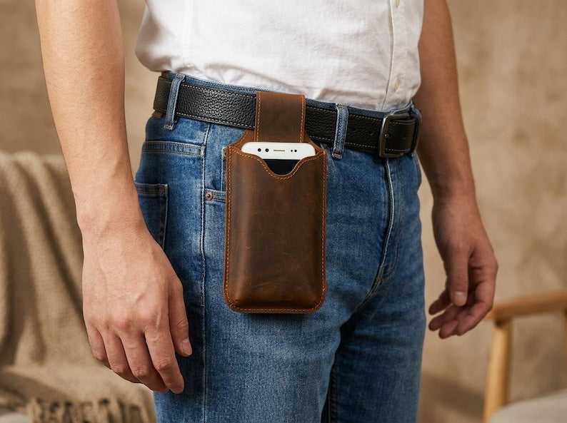 100% Genuine Leather Phone Holster, Buffalo Leather Belt Pouch, Vertical Smartphone Belt Case, Everyday Carry Sleeve, Rugged Phone Holder