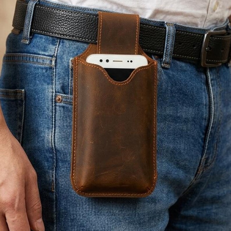 100% Genuine Leather Phone Holster, Buffalo Leather Belt Pouch, Vertical Smartphone Belt Case, Everyday Carry Sleeve, Rugged Phone Holder