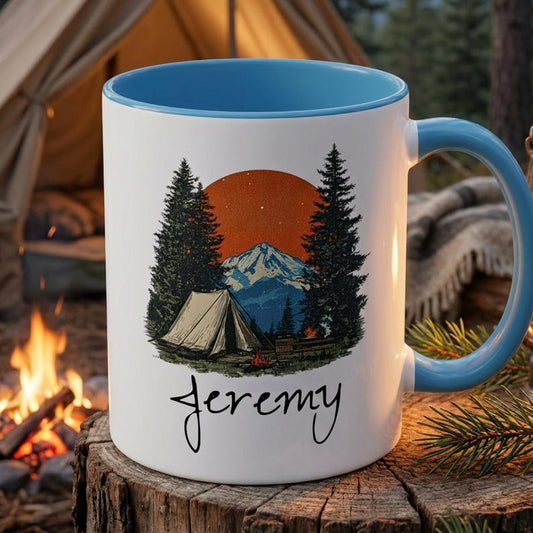 Personalized Camping Mug, Custom Name Mountain Coffee Cup, Camper Gift For Him, Hiking Outdoor Gift, Custom Camping Gift, Nature Lover Mug