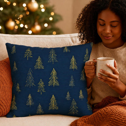 Gold Christmas Trees Pillow Cover, Woodland Fir Pattern Navy Throw Cushion Case, Her Cabin Chic Luxe Decor, Winter Aesthetic Pillowcase Gift