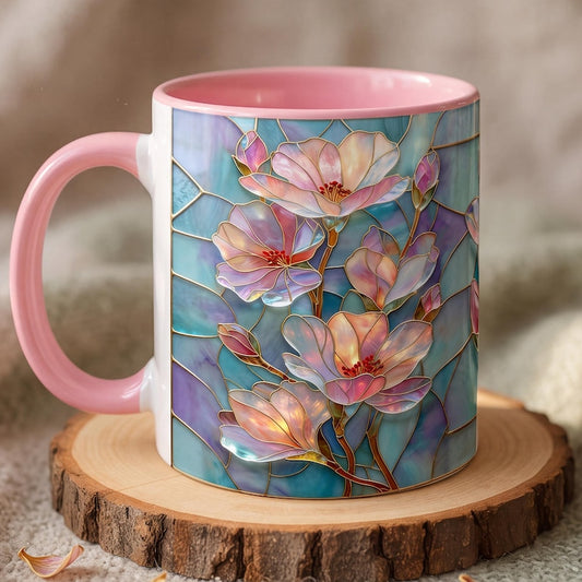 Stained Glass Magnolia Mug, Floral Coffee Mug, Gift for Her, Spring Flower Ceramic Mug, Botanical Garden Lover Gift, Pink Teal Mug