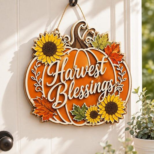 Harvest Blessings Wood Sign, Pumpkin Sunflower Door Hanger, Thanksgiving Porch Decor, Rustic Farmhouse Fall Wall Art, Autumn Gift