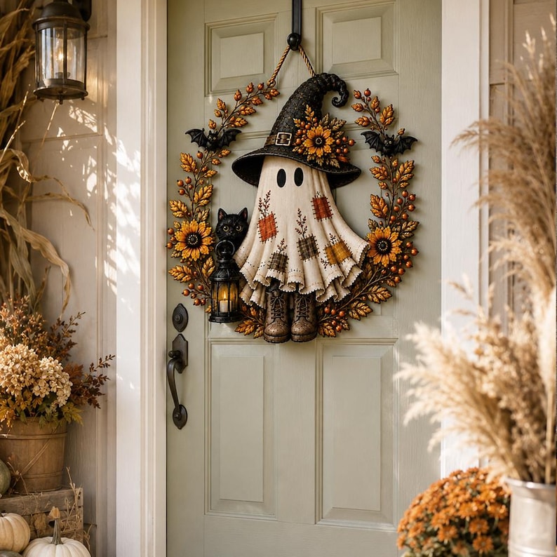 Halloween Ghost Door Hanger, Patchwork Witch Ghost & Black Cat Wood Sign, Spooky Fall Front Door Decor, Rustic Autumn Halloween Sign