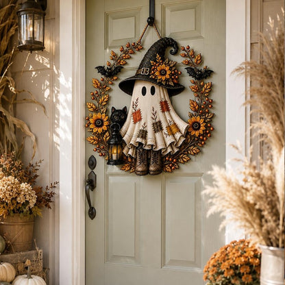 Halloween Ghost Door Hanger, Patchwork Witch Ghost & Black Cat Wood Sign, Spooky Fall Front Door Decor, Rustic Autumn Halloween Sign