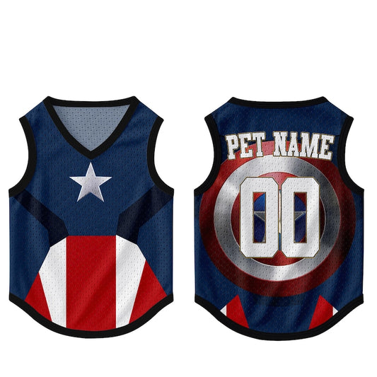 Custom Pet Superhero Jersey, Personalized Outfit for Dogs Cats, Inspired Captain America Pet Mess Jersey Name Number Sportswear Pet Jersey