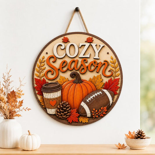 Cozy Season Wood Sign, Fall Football Door Hanger, Pumpkin Coffee Porch Decor, Autumn Farmhouse Wall Art, Thanksgiving Sports Fan Gift