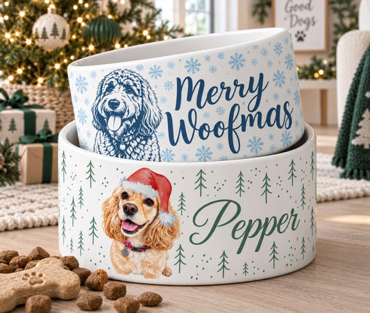Personalized Pet Holiday Bowl With Pet Name Photo, Custom Ceramic Dog Food Water Bowl, Christmas Portrait Feeding Dish