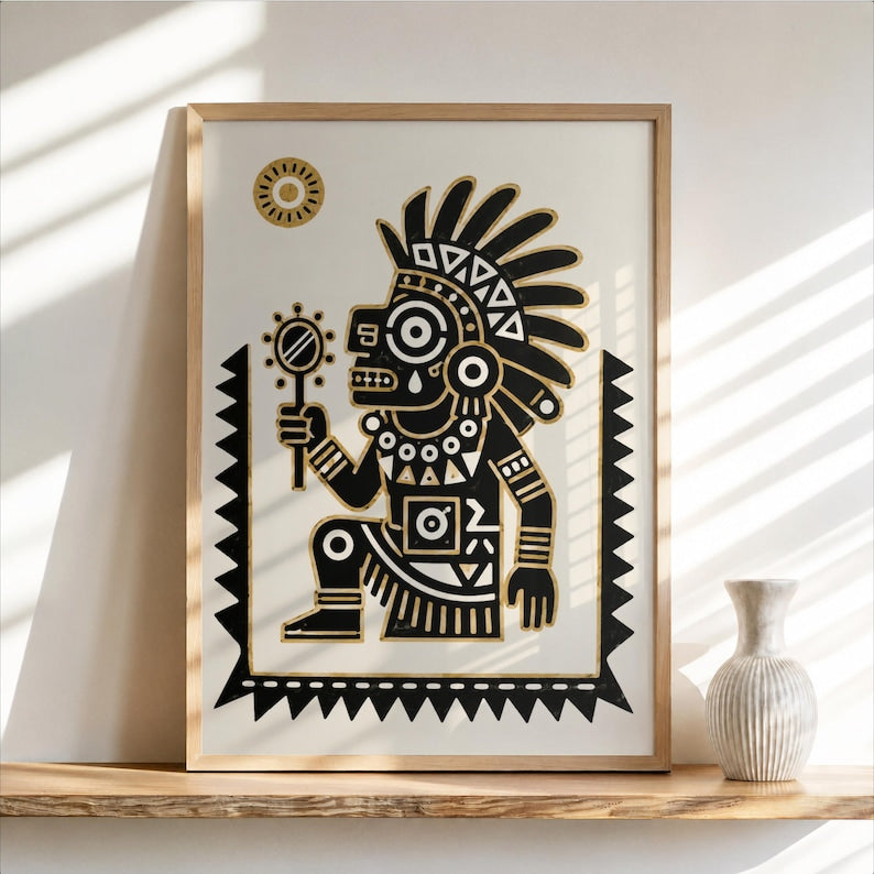 Quetzalcoatl Print, Traditional Mexican Folk Art, Aztec Serpent Wall Decor, Indigenous Latin Mythology Poster, Mexico Tribal Snake Gift