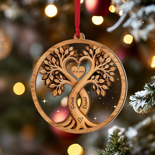 Personalized Engraved Couple Heart Tree Ornament, Custom Couple Christmas Gift,Wedding Anniversary Gift, Rustic Wedding Gift,Engaged Present