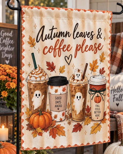 Fall Garden Flag, Autumn Coffee Please, Ghost Pumpkin Yard Decor, Polyester Flag