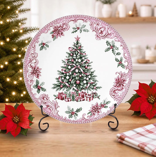 Elegant and Chic Decorative Christmas Plate, Vintage Tree Decor with Pink Toile Rim, Holiday Housewarming Gift & Room Accent