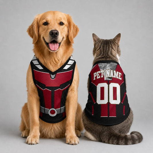 Custom Pet Superhero Jersey, Personalized Outfit for Dogs Cats, Inspired Ant-man Avengers Pet Mess Jersey Name Number Sportswear Pet Jersey