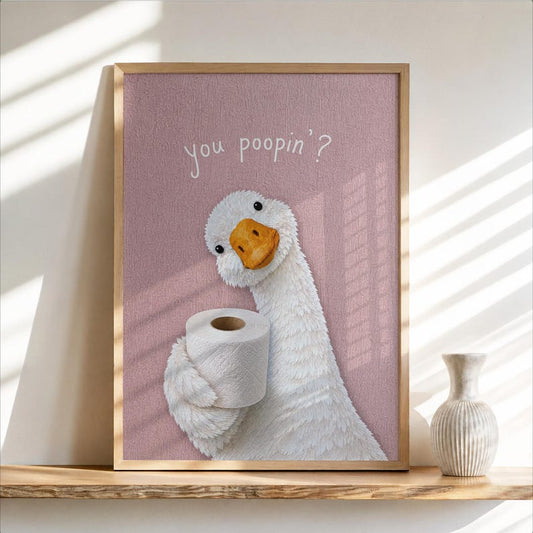You Poopin Goose with Toilet Paper Wall Art, Funny Bathroom Decor, Quirky Cottagecore Bird Print, Humorous Geese Loo Sign