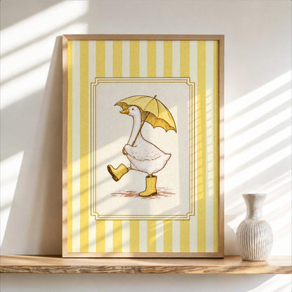 Silly Goose & Umbrella Print, Duck in Rain Boots Poster, Whimsical Girly Wall Art, Cute Striped Animal Panel, Funny Nursery Bathroom Decor