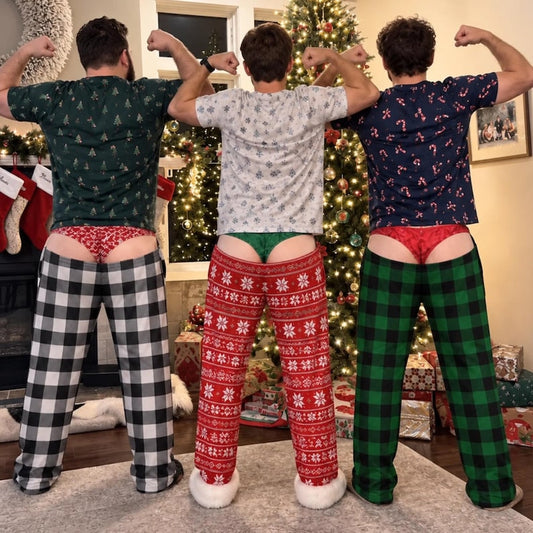 Men's Buffalo Plaid Christmas Pajama Pants, Funny Fake Underwear Illusion Print (Gag Gift)