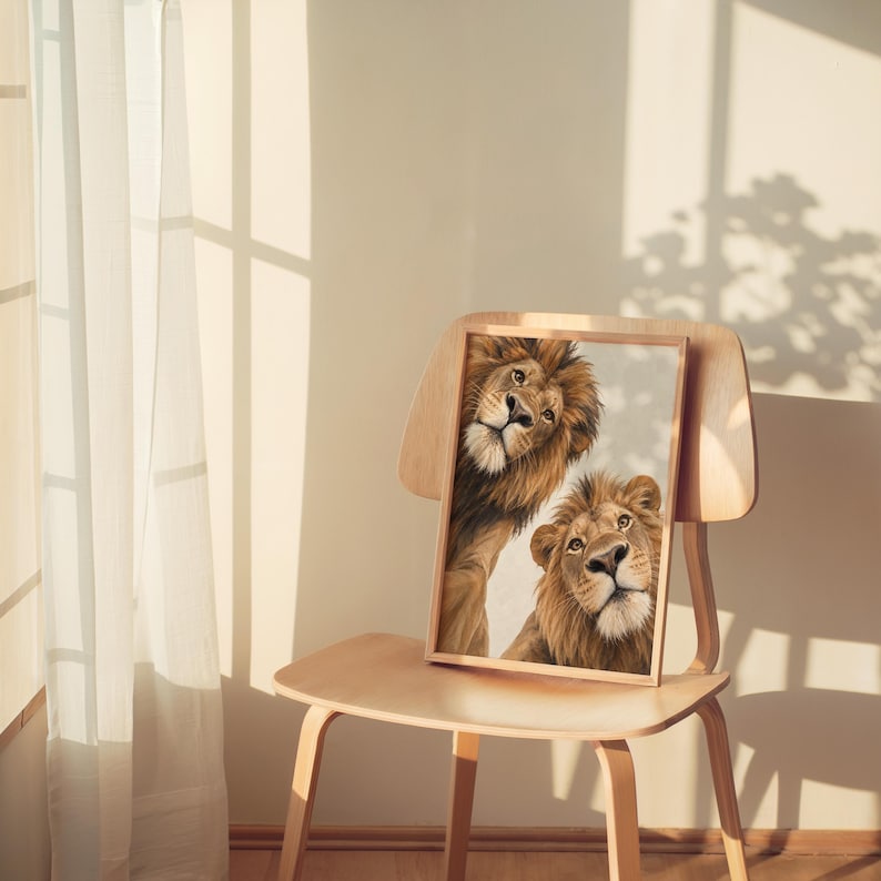 Lion Couple Wall Art, Whimsical Mid Century Print, Safari Jungle Nursery Decor, African Wildlife Poster