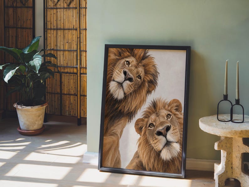 Lion Couple Wall Art, Whimsical Mid Century Print, Safari Jungle Nursery Decor, African Wildlife Poster