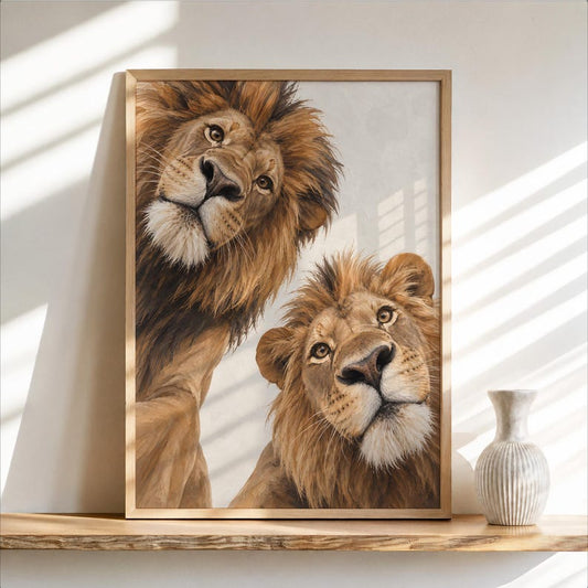 Lion Couple Wall Art, Whimsical Mid Century Print, Safari Jungle Nursery Decor, African Wildlife Poster