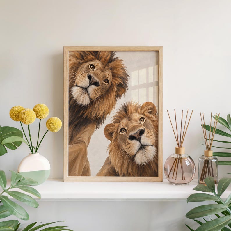 Lion Couple Wall Art, Whimsical Mid Century Print, Safari Jungle Nursery Decor, African Wildlife Poster