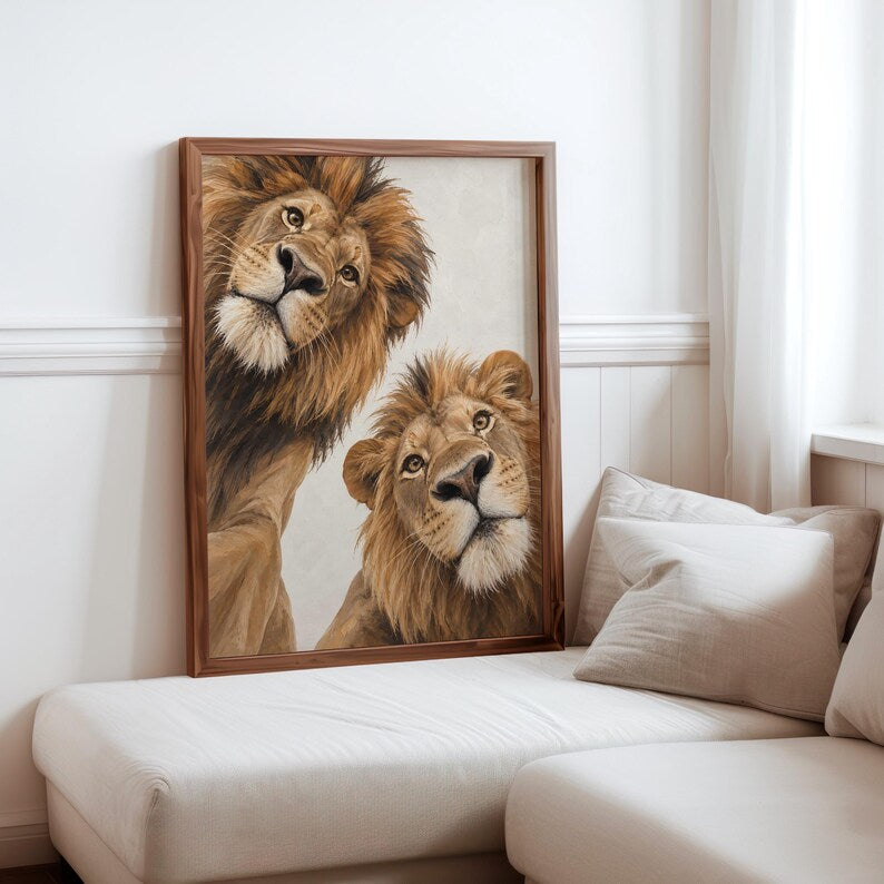 Lion Couple Wall Art, Whimsical Mid Century Print, Safari Jungle Nursery Decor, African Wildlife Poster