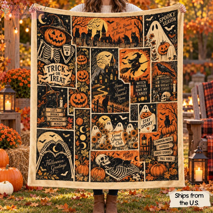 Retro Halloween Blanket, Spooky Ghost Cat Pumpkin Patchwork Throw, Witch Skeleton Flannel Fleece, Vintage Fall Home Decor, Cozy Gift for Her