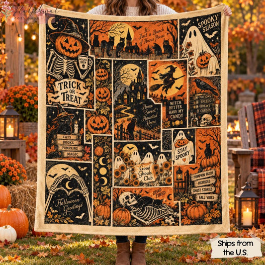 Retro Halloween Blanket, Spooky Ghost Cat Pumpkin Patchwork Throw, Witch Skeleton Flannel Fleece, Vintage Fall Home Decor, Cozy Gift for Her