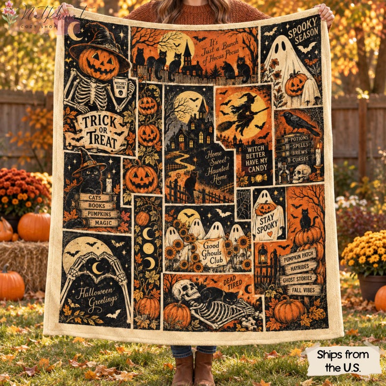 Retro Halloween Blanket, Spooky Ghost Cat Pumpkin Patchwork Throw, Witch Skeleton Flannel Fleece, Vintage Fall Home Decor, Cozy Gift for Her