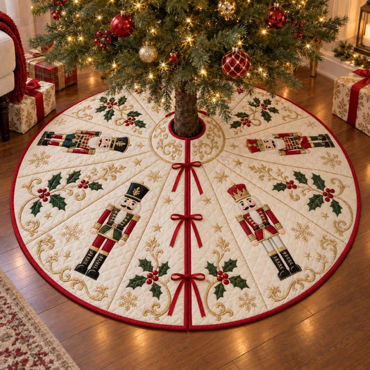 Quilted Nutcracker Christmas Tree Skirt, Vintage Cream Xmas Tree Mat, Holly Berry Tree Skirt, Traditional Holiday Living Room Decor, Gift