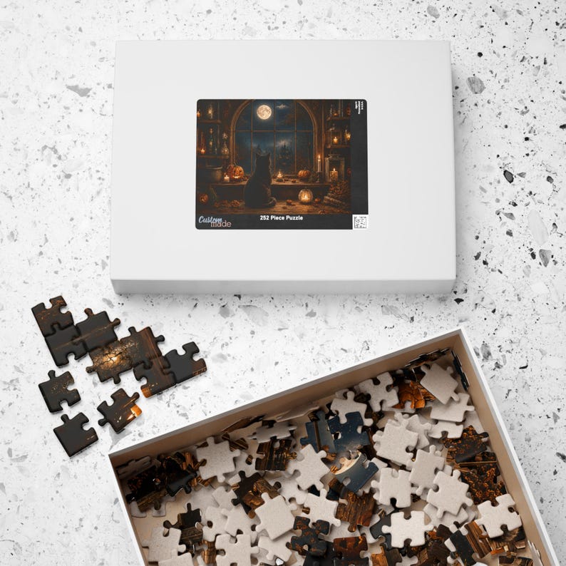 Black Cat Halloween Puzzle Cozy Fall Puzzle for Adults Gothic Halloween Decor Spooky Autumn Gift Cat Lover Jigsaw Puzzle