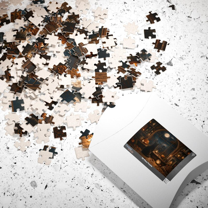 Black Cat Halloween Puzzle Cozy Fall Puzzle for Adults Gothic Halloween Decor Spooky Autumn Gift Cat Lover Jigsaw Puzzle