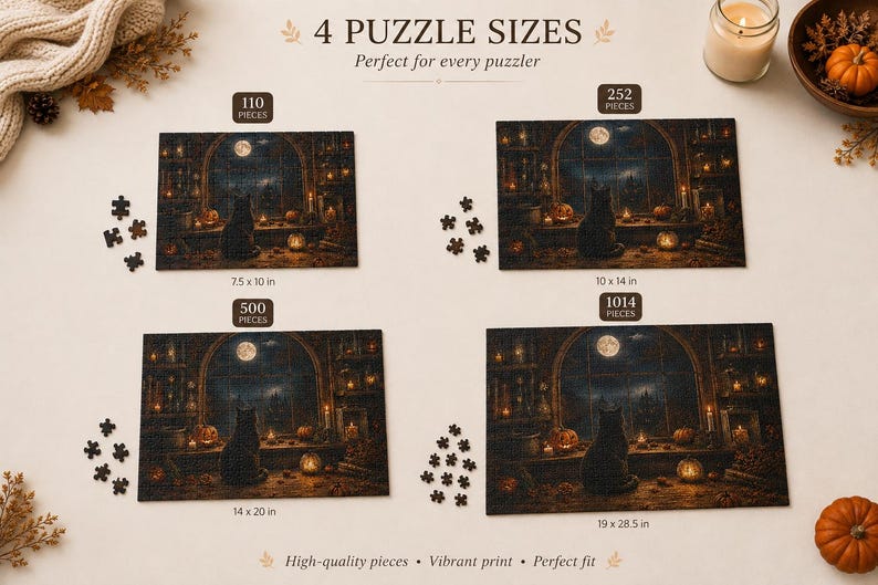 Black Cat Halloween Puzzle Cozy Fall Puzzle for Adults Gothic Halloween Decor Spooky Autumn Gift Cat Lover Jigsaw Puzzle