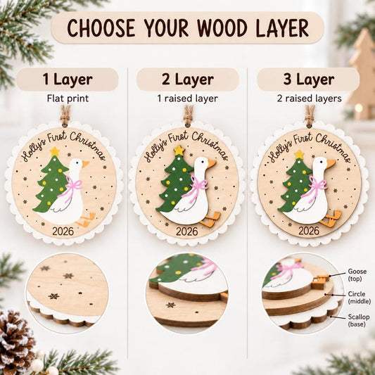 Personalized Baby First Christmas Ornament: Scallop Wooden Goose, Christmas Keepsake