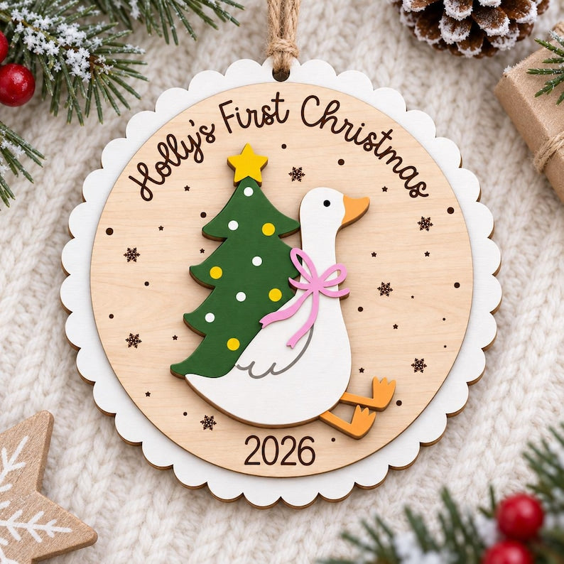 Personalized Baby First Christmas Ornament: Scallop Wooden Goose, Christmas Keepsake